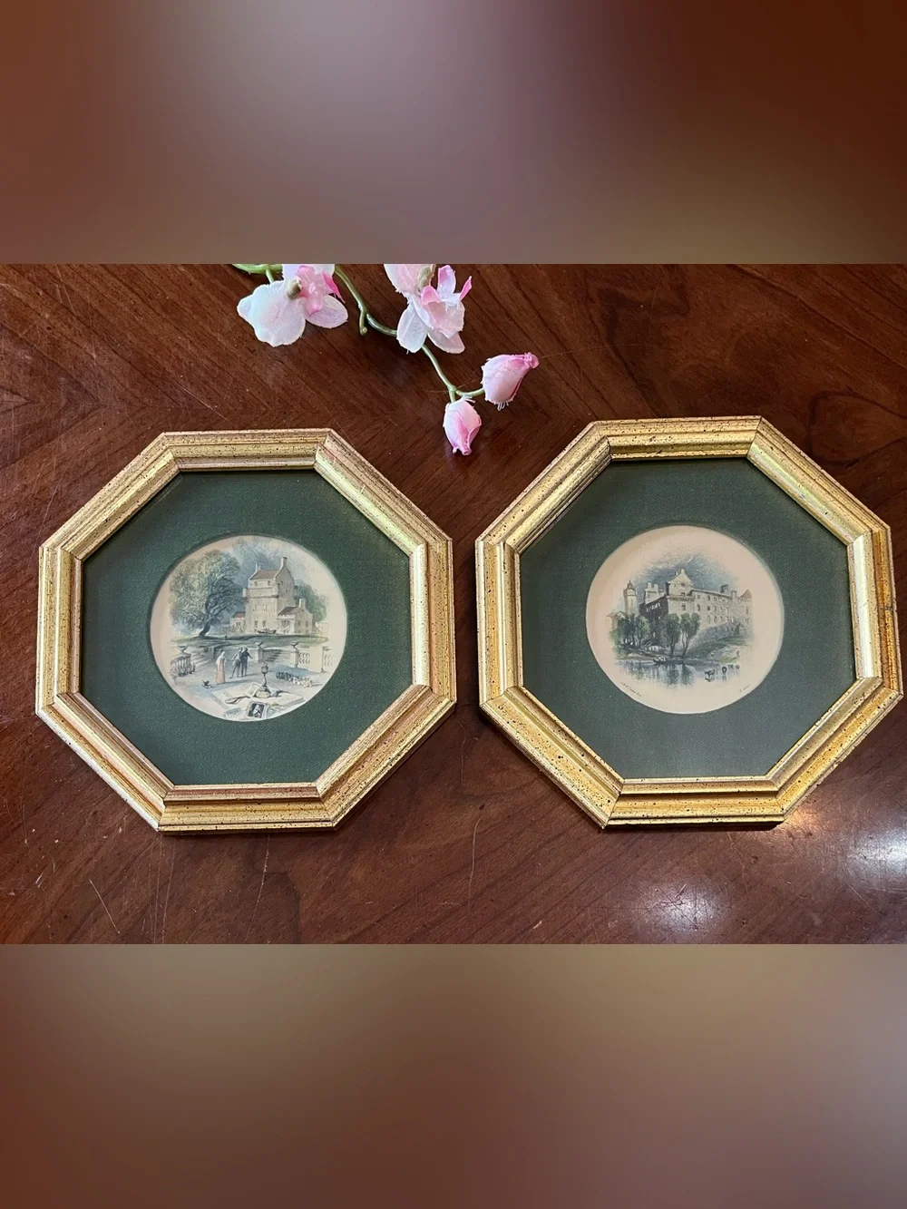 Vintage Rudolf Lesch Turner Views Framed Prints Pair Gold Gilt Octagon 8.25”x1